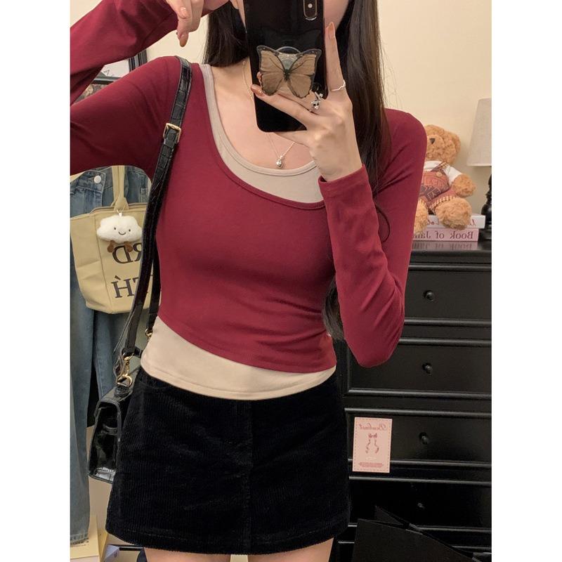 

Реальное фото - подделка, две футболки с длинным рукавом, женская осенняя новинка, облегающая короткая базовая рубашка, надетая слоями XL красный