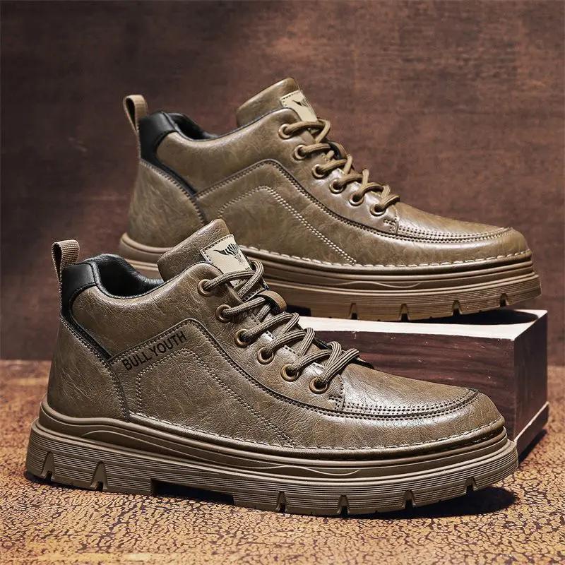 

Fashion Leather Shoes for Men Lace Up Solid Color Round Toe Man Casual Boots New In Luxury Sale Low Price Adults Free Delivery Shipping 44