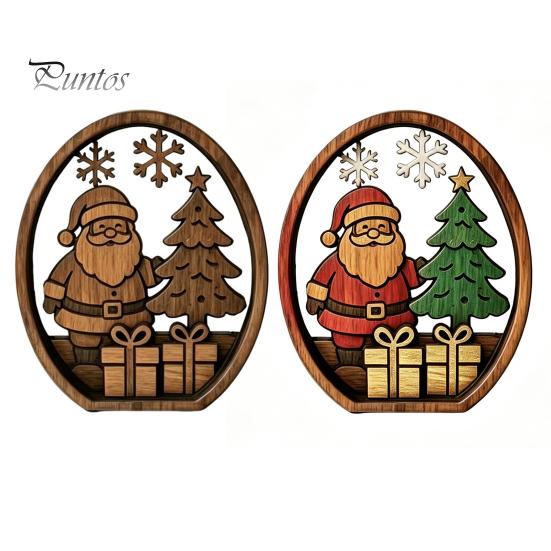 Holiday Desktop Decorations 3Pcs Christmas Santa Claus And Tree Ornaments, Wooden Oval Table Natural Wood Crafts Centerpiece, Solid Ornament for Home