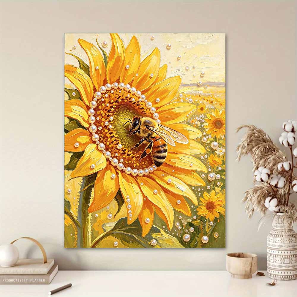 Sunflower and Bee Pattern 5D Pearl Painting Kit with Frame DIY Sparkling Bead Canvas Art Relaxing Craft for Home Wall Decor