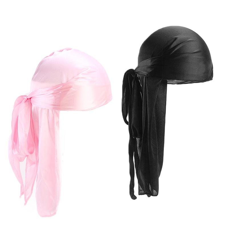 2PCS/LOT Unisex Men Women Satin Breathable Silky Durag Long Tail Doo Rag Pirate Hat Headband Turban Bandana Durag Headwear One Size