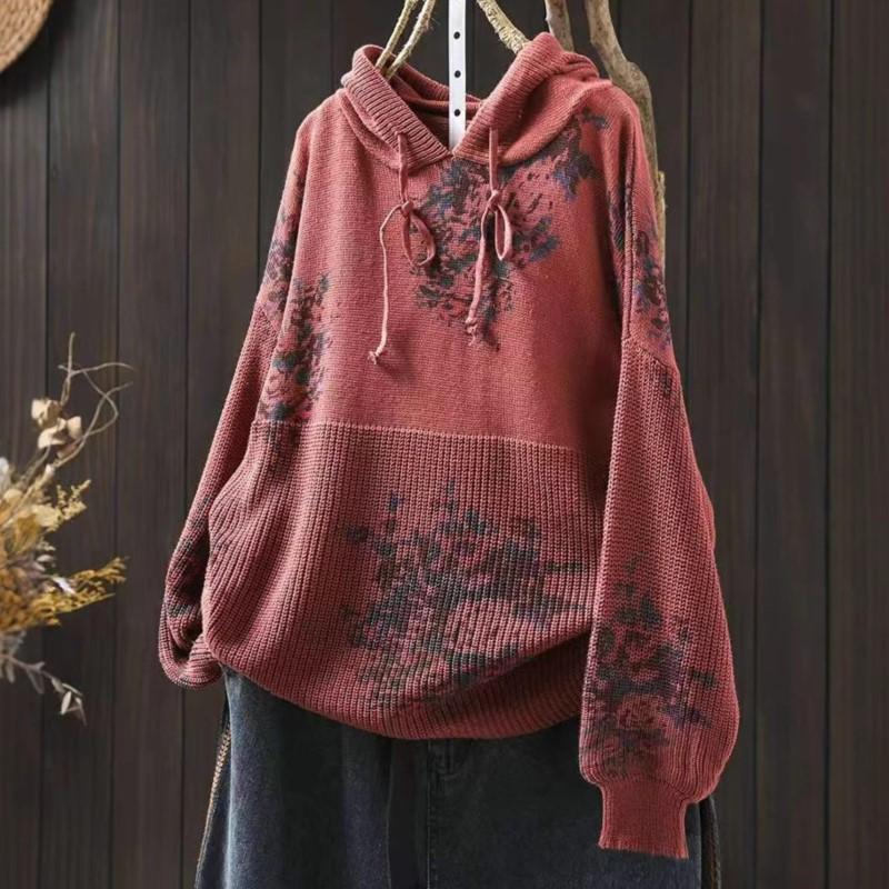 

Женские винтажные хлопковые вязаные свитера с капюшоном с принтом, цветочные, весенние, с длинным рукавом, свободные, мягкие свитера One size красный