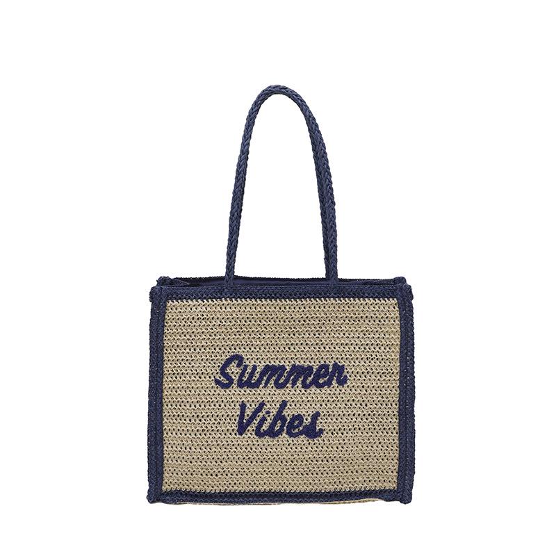 

Women s Large Capacity South Wind Chic Straw Woven Tote Bag with Embroidered Letters синій