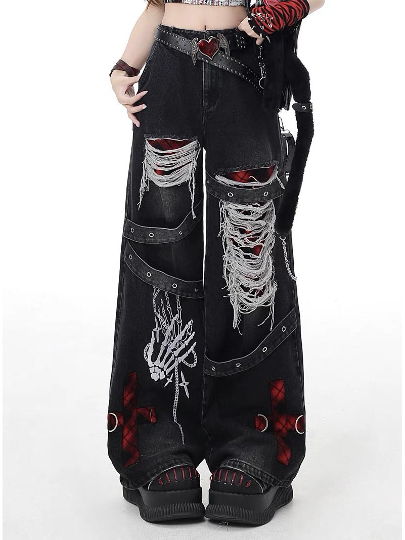 Women s Punk Style Ripped Jeans, Spring/Summer 2026, Retro Distressed Washed Wide-Leg Pants Medium