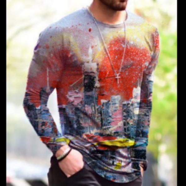 Frühlings- und Herbst-Rundhals-Oberteil mit kreativem 3D-Graffiti-Druck, modische lässige langärmlige Herren-T-Shirts