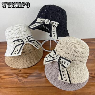 Summer Korean Women's Knitted Beach Hat with Bow for Sun Protection and Fashionable Fishermen Hat