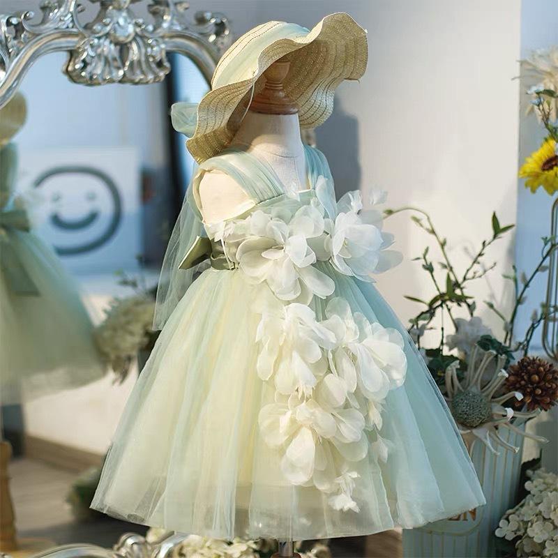 Vestito da Bambina Verde Menta in Tulle con Fiori 3D e Fiocchi Vestito da Fata per Festa per Bambini
