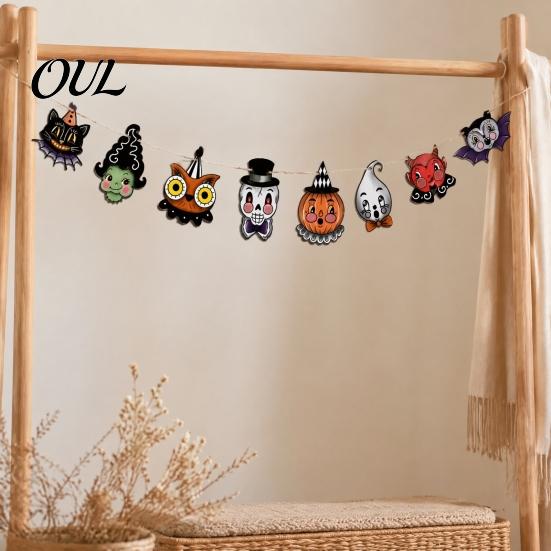 Halloween Ornament Collection 8Pcs Bunting Banner, Pumpkin Ghost Bat Witch Cartoon Hanging Garland, Decorative Props for Dessert Shops Retro
