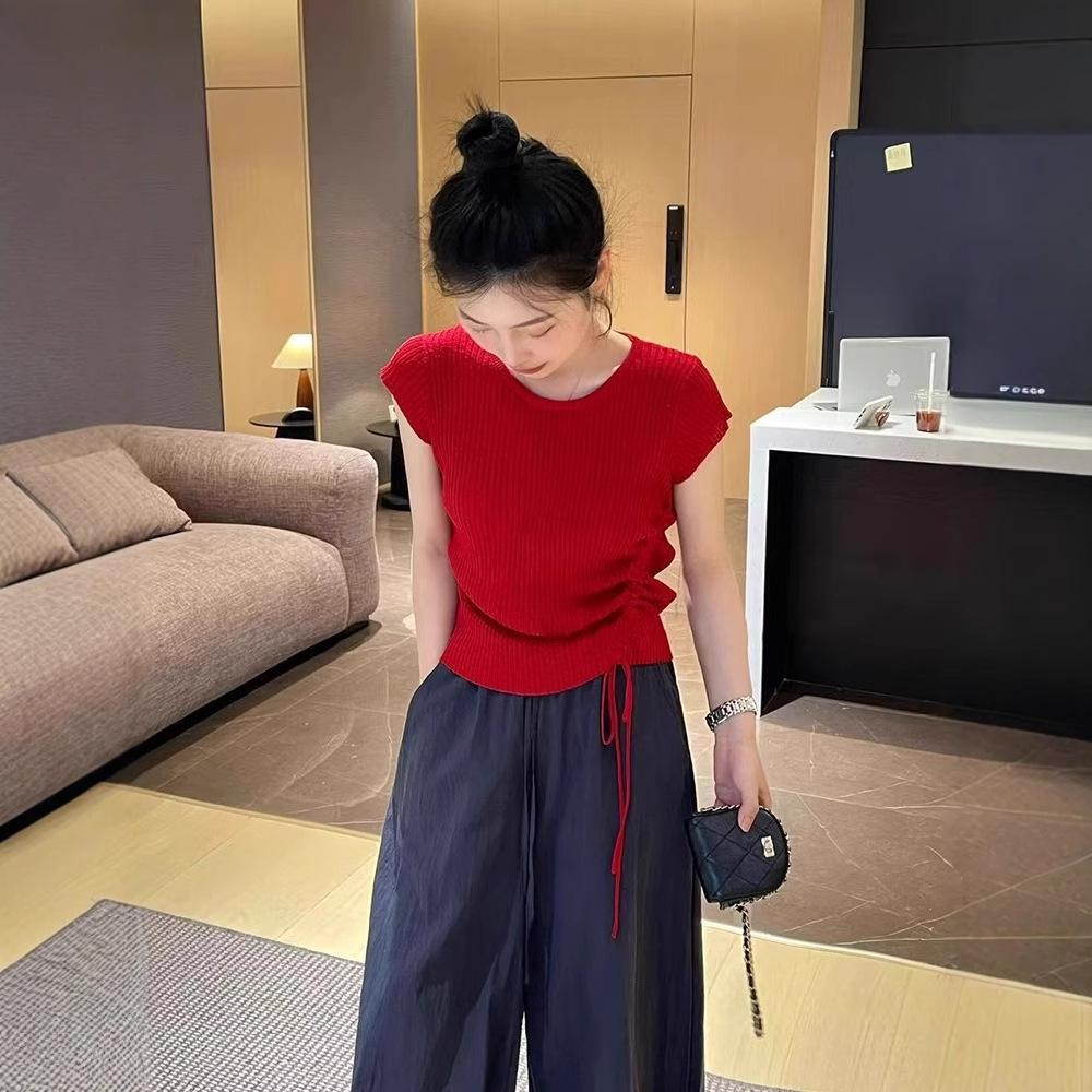 Chic Blue Flutter Sleeve Ice Silk Knitted Women's Summer Drawstring Top