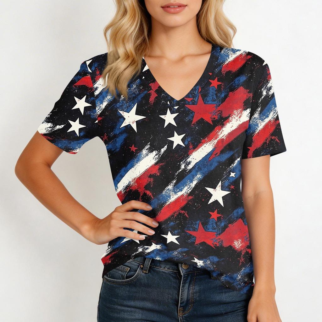 Shirts For Women Trendy V Neck T Shirts Casual Printed Blouse Tops For Women