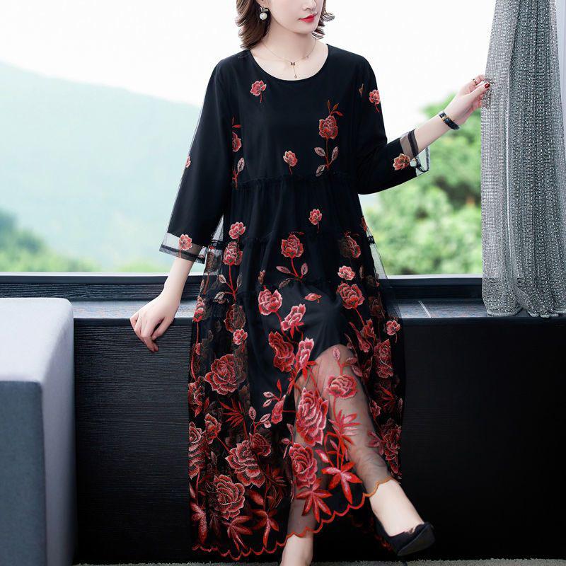 Rochie lungă rotundă brodată pentru femei, plasă, toamnă, largă, linie A, mărimi mari