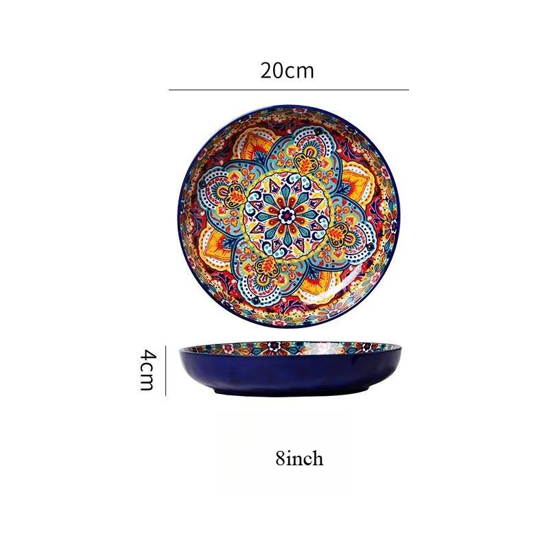 Bohemian Hand Painted Ceramic Plate 7/8 Inch, Colorful Mandala Porcelain Dinner Plate, Vintage Decorative Serving Dishes for Kitchen Dining Home Decor