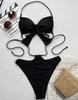 Damen Badeanzug Sexy Schwarz Hohlkragen Schlüsselloch Bindebadeanzug Bikini Set Strandbekleidung Badeanzüge