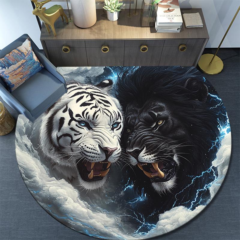 Yin Yang Tiger Lion Round Area Rug,Carpet Rug for Living Room Bedroom Sofa Playroom Decor,Non-slip Floor Mat