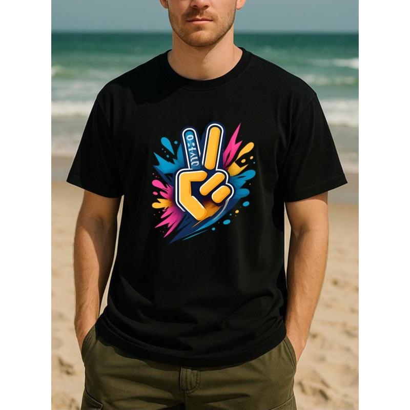 Men's Victory Gesture Timer T-Shirt - Soft Breathable Casual Crew Neck Short Sleeve with Victory Sign Print, Suitable for, Gym & Casual Attire