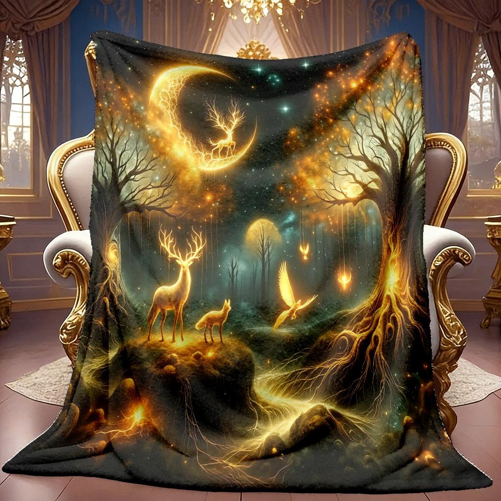 1pc 2D Moonlit Forest Spirit Deer Themed Pattern Flannel Blanket, Soft HD Digital Print, Cooling Blanket Suitable for All Seasons! Soft And Breathable