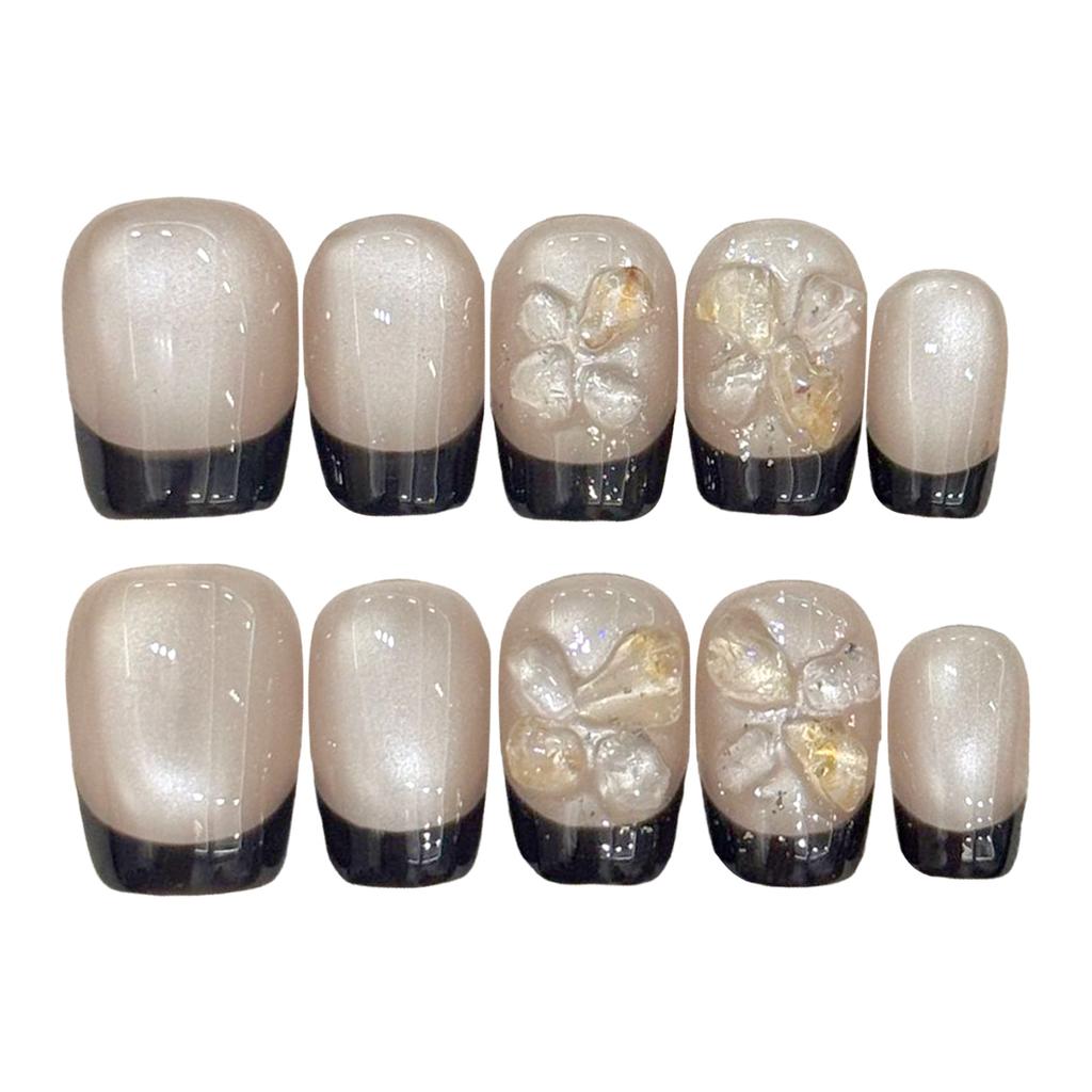 Short Gel Nail Tips Gray Black Bean Paste Color With Cat-Eye Design And Crystal Rhinestones