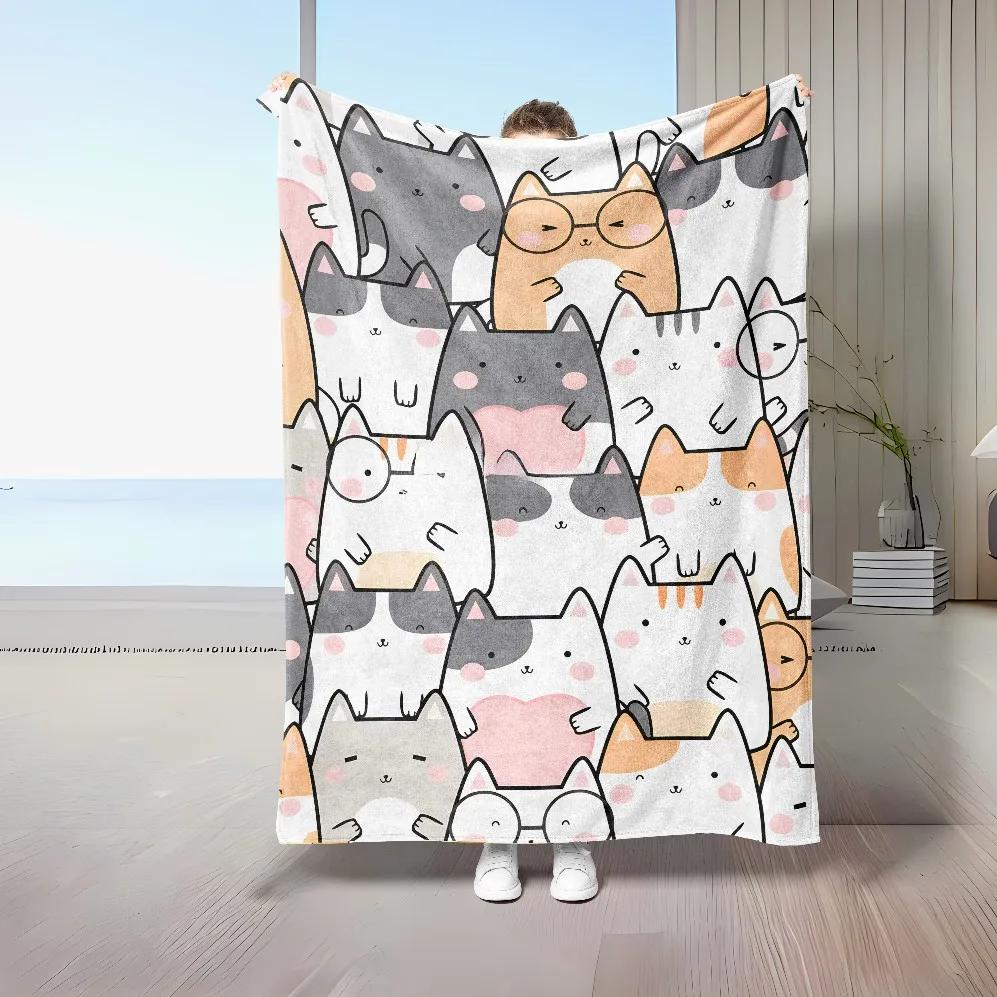 Cute Cat Print Flannel Throw Blanket for Home Sofa Nap Gifts Perfect for Children and Students Family Love Cat Blankets