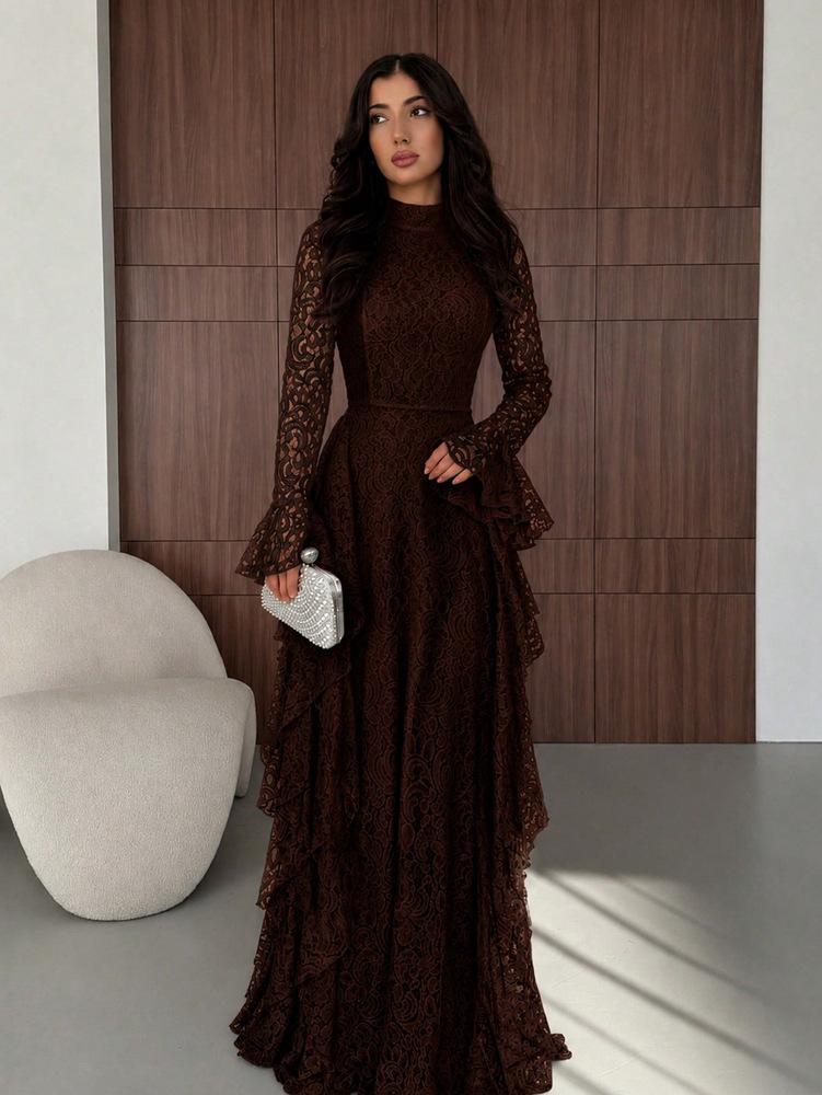 Otoño nuevo vestido largo de encaje elegante para mujer francesa mangas de cuerno mangas largas de encaje cintura