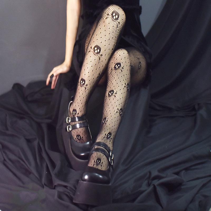 Gothic Lolita Skull Polka Dot Fishnet Tights