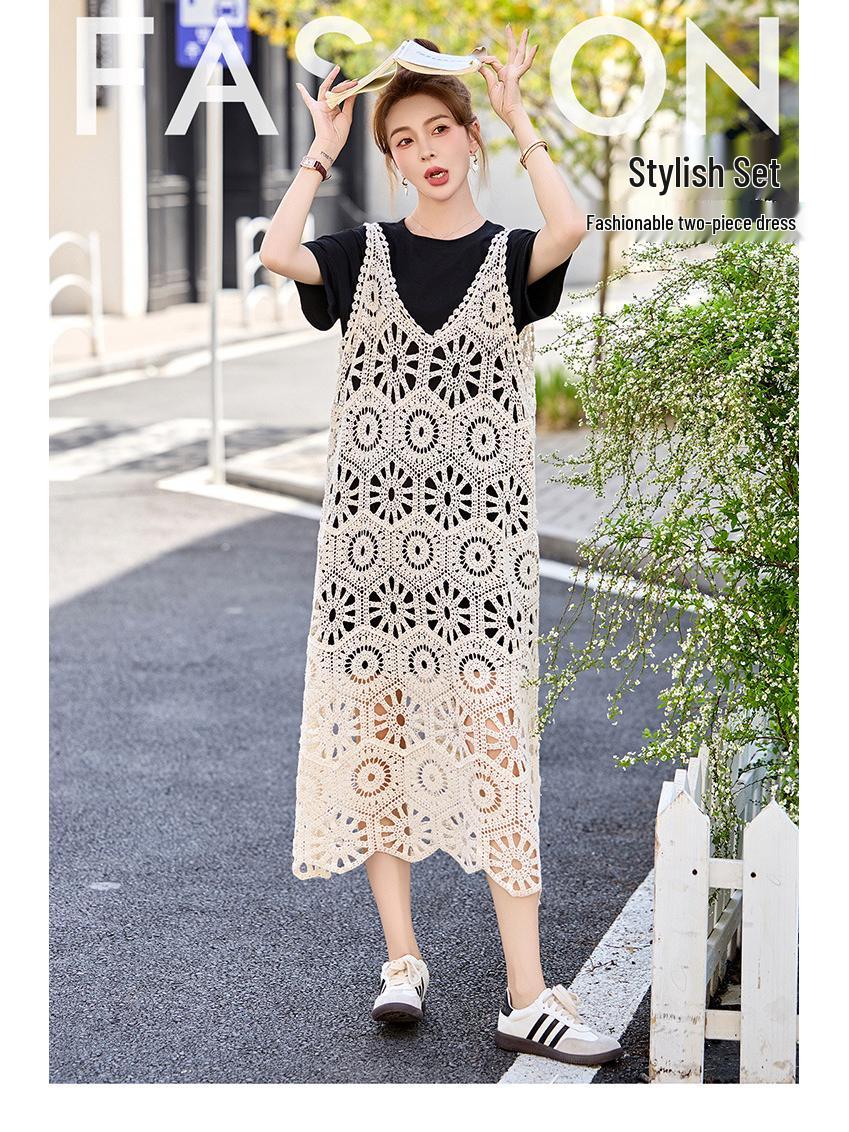 

Женское облегающее платье миди из двух частей на тонких бретелях с вырезами - Лето 2025 L for 115-125 jin