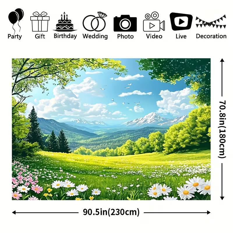 Cute Floral Meadow Tapestry, Sunny Green Field with Daisies, Trees and Snowy Mountain Wall Art