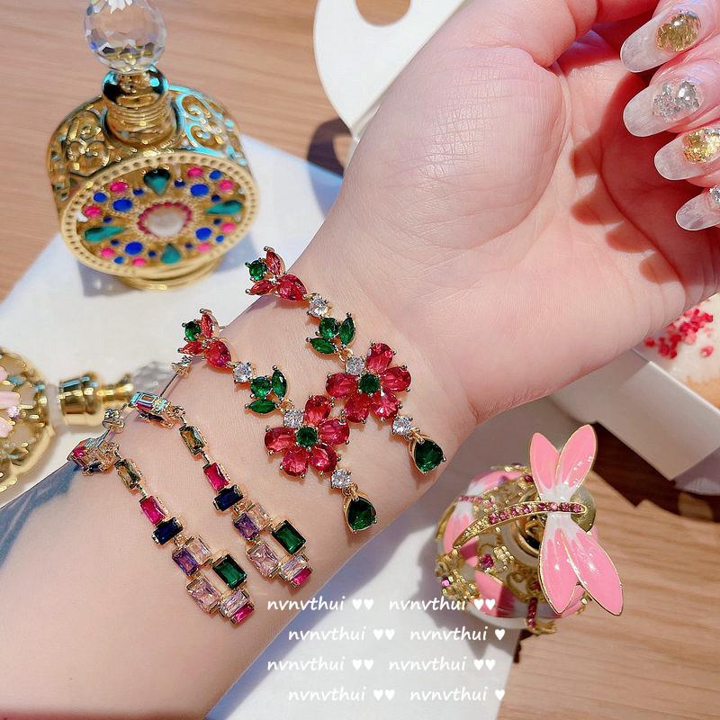 Oil Painted Peacock Emerald Flower Pendant, 18K Gold Plated Multi-Faceted Tetris Zircon Tassel Earrings