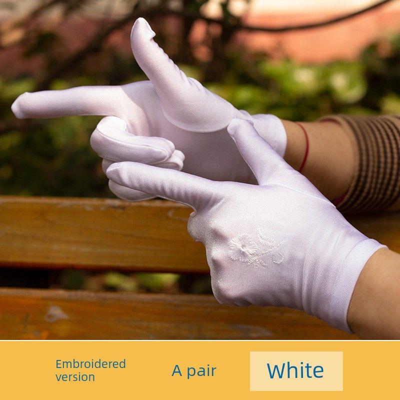 

Classic Embroidery High Elastic Etiquette Gloves Black White Gray Outdoor Finger Thin Summer Driving Sun Protection Winter Beads Shopping Guide White