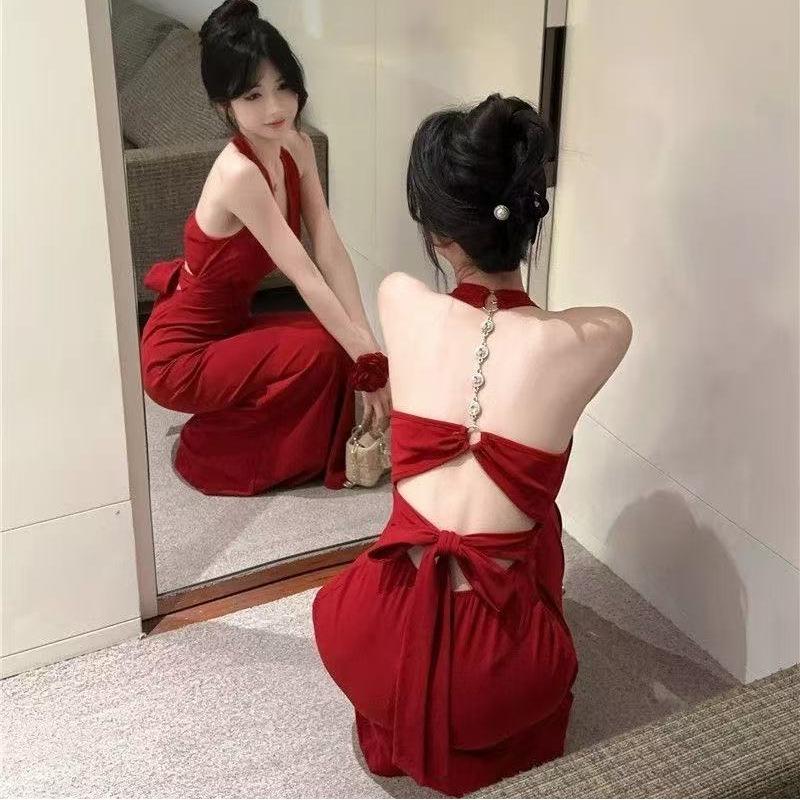Summer new neck sling backless slim dress celebrity temperament sexy birthday party dress dress