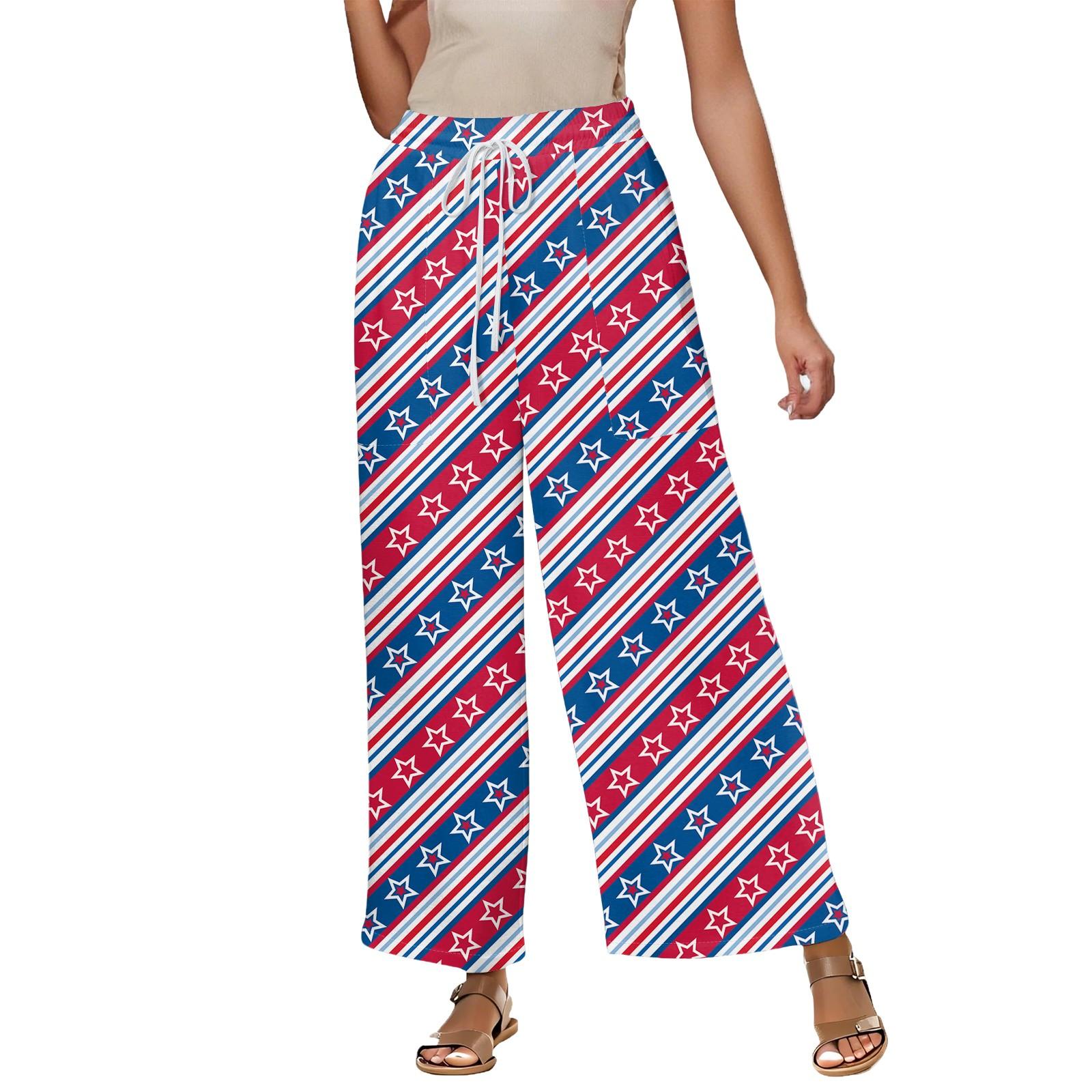 Women s Summer Elastic Waist Independence Day Printed Cotton And Linen Loose Cropped Pants XXL
