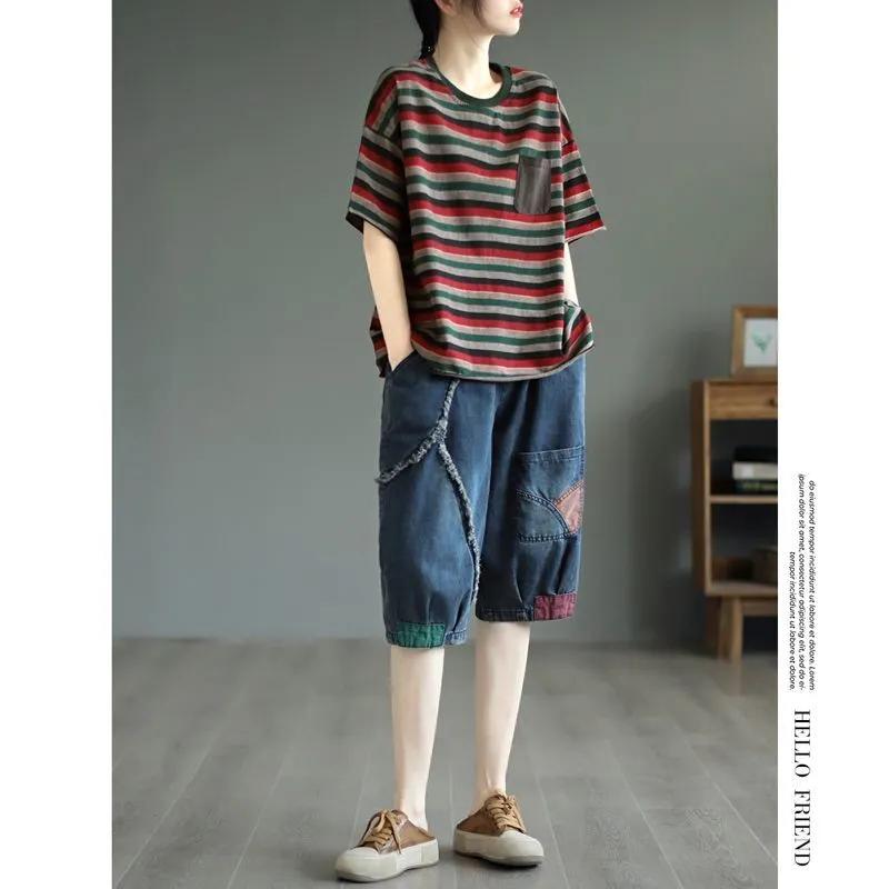 Damen Sommer Kunst Retro Mittellange Hosen Spleißflicken Stoff Sechs-Punkt Jeans Damen Elastischer Bund Lässige Kurze Jeanshosen