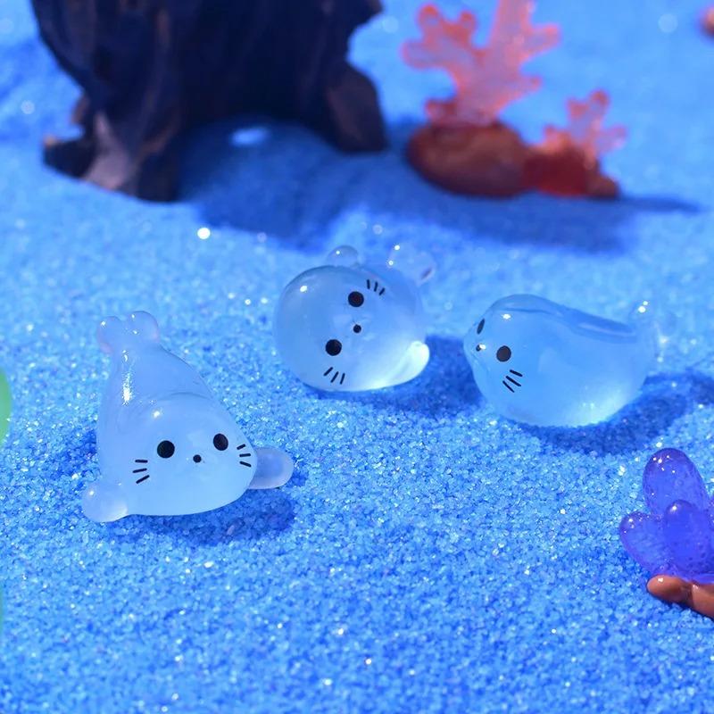 12Pcs Kawaii Luminous Mini Seal Pup Resin Glow At Night Marine Animal Figurines Ornament Fairy Garden Diy Accessories