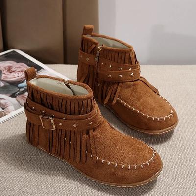 Women Winter Large Size Rivet Boots Woman Retro Ethnic Western Cowboy Boots Block Flat Heels Tassel Fringe Ankle Boots