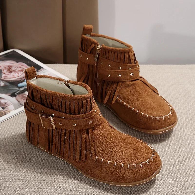 Fashion Women Winter Large Size Rivet Boots Woman Retro Ethnic Western Cowboy Boots Block Flat Heels Tassel Fringe Ankle Boots