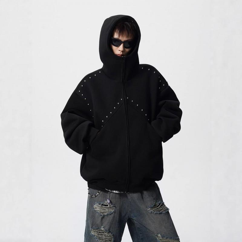 Unisex Hoodie met Rits en Metalen Studs Patchwork Ontwerp Losse Pasvorm Streetwear Tieners
