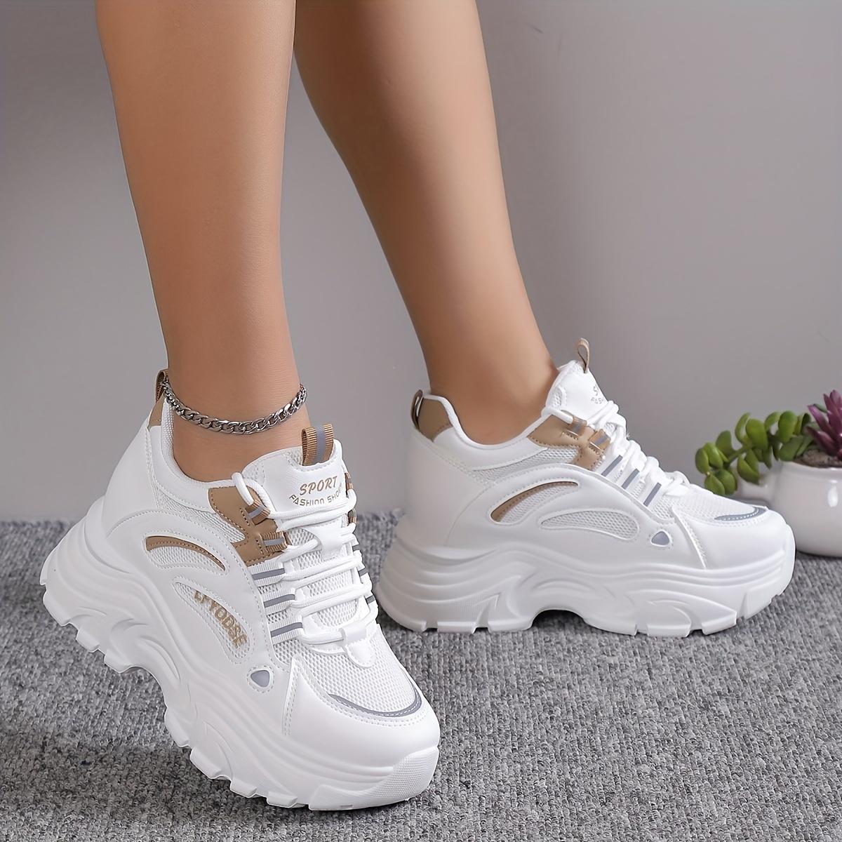 

Versatile Comfy Mid-Top Solid Color Mesh Sneakers - Lace Up, Round Toe, Heightening Thick Rubber Sole, Breathable Fabric Upper 35 хакі