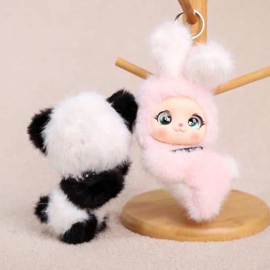 Cute Fluffy Animal Pendant Soft Fluffy Baby Face Cat Tiger Rabbit Panda Puppy Key Ring for Backpack Keys Stress Relief Gift Accessory