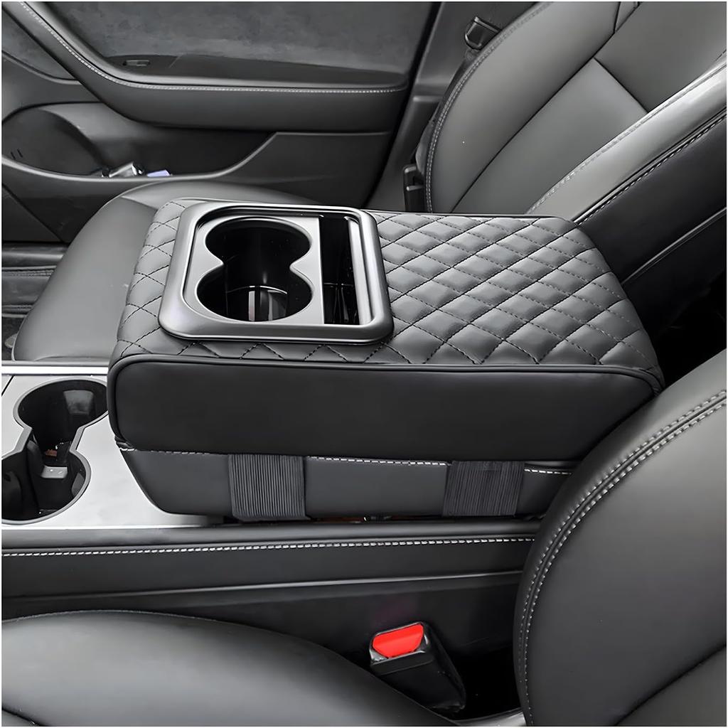 Car Center Console Armrest Pillow, Waterproof Leather Armrest Cushion with Cup Holder & Phone Holder, Memory Foam Arm Rest Box Cover Protector with