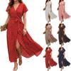 Women's V-Neck Short Sleeve Polka Dot Shirt Dress with Tie Waist and Flared Skirt