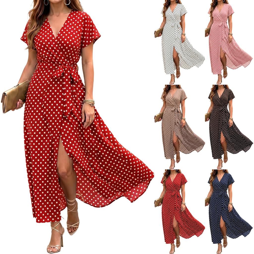 Women's V-Neck Short Sleeve Polka Dot Shirt Dress with Tie Waist and Flared Skirt