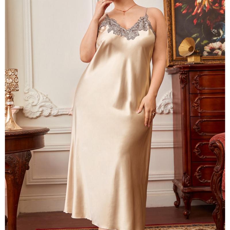 Gruba powiększona piżama spódnica pończochowa wiosenna i letnia cienka modna koronkowa piżama długa imitacja jedwabiu Casual odzież domowa