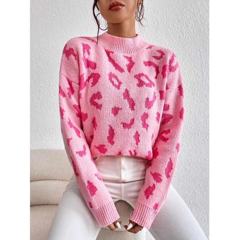 Women S Fashion Round Neck Long Sleeve Pullover Sweater Leopard Print S