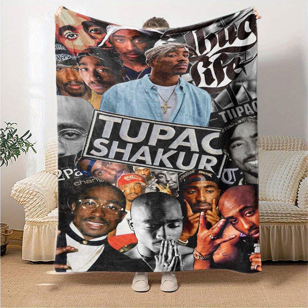 1pc 2PacHip Hop Blanket Soft Lightweight All Season Multi Purpose Throw for Sofa, Bed, Office & Picnics, French Style with Iconic Album Art & Quotes