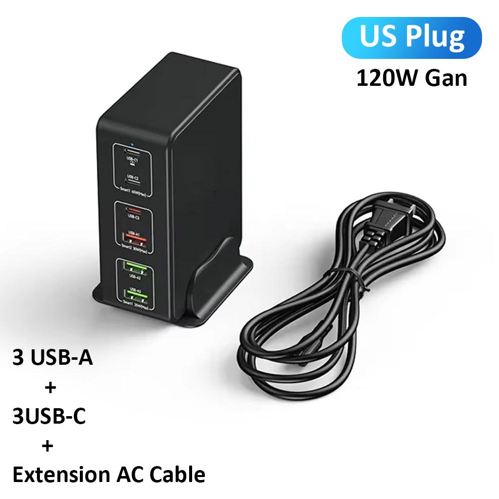 QC3.0 PPS PD 65W 6-Port Charge Gan 120W Charger Station 3C+3A For iPhone Samsung Xiaomi Smartphone Laptop Desktop Fast Charging