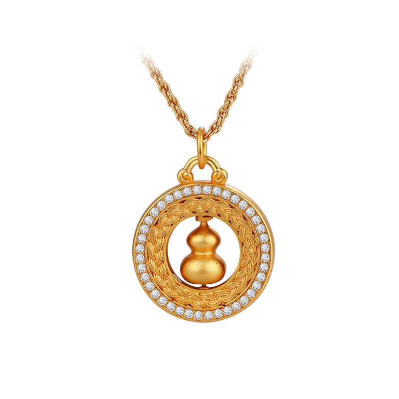 Rotatable Gourd Pendant with Diamond Accents - Copper Plated Gold, Ancient Wheat Ear Style