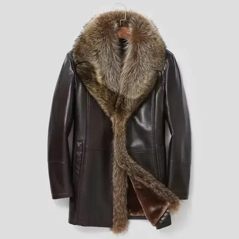 Haining Fur One Man with Wool Thickened Genuine Leather Fur Coat Sheep Skin Raccoon Big Fur Collar Medium Long Men's Clothing