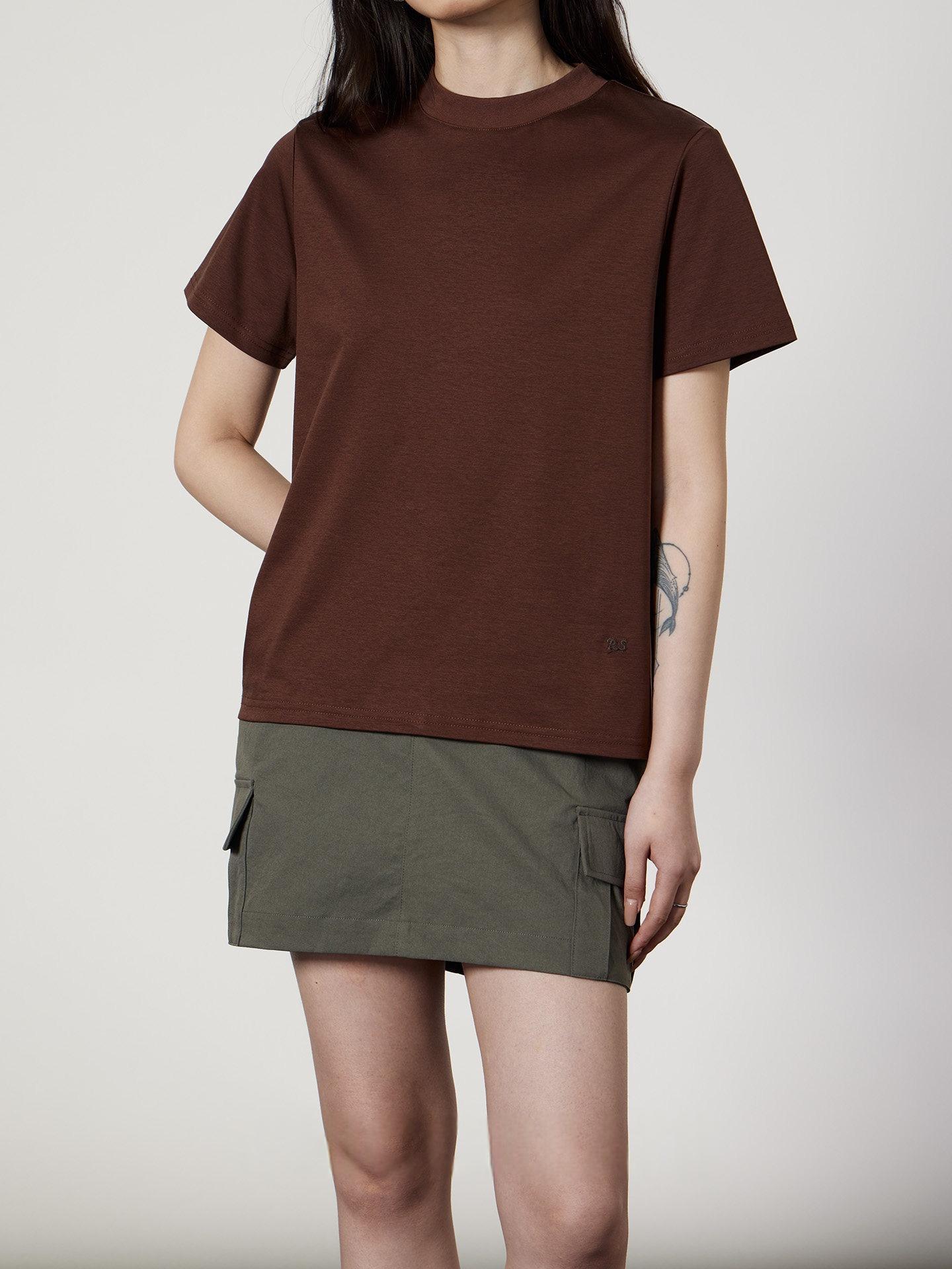

Women s Short-Sleeve T-Shirt - Mulberry Silk Modal Cotton, Half-High Neck, Spring/Summer Essentials. Medium кавовий