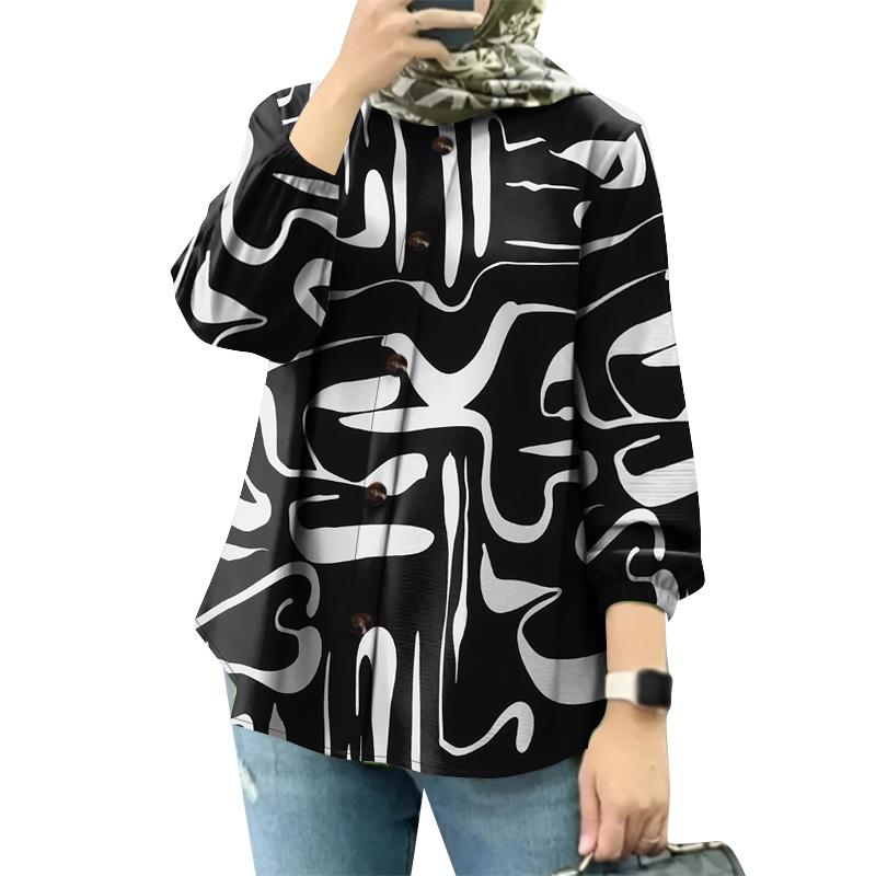 

ZANZEA Женская блузка с круглым вырезом, длинным рукавом, свободного кроя, с принтом S чёрный