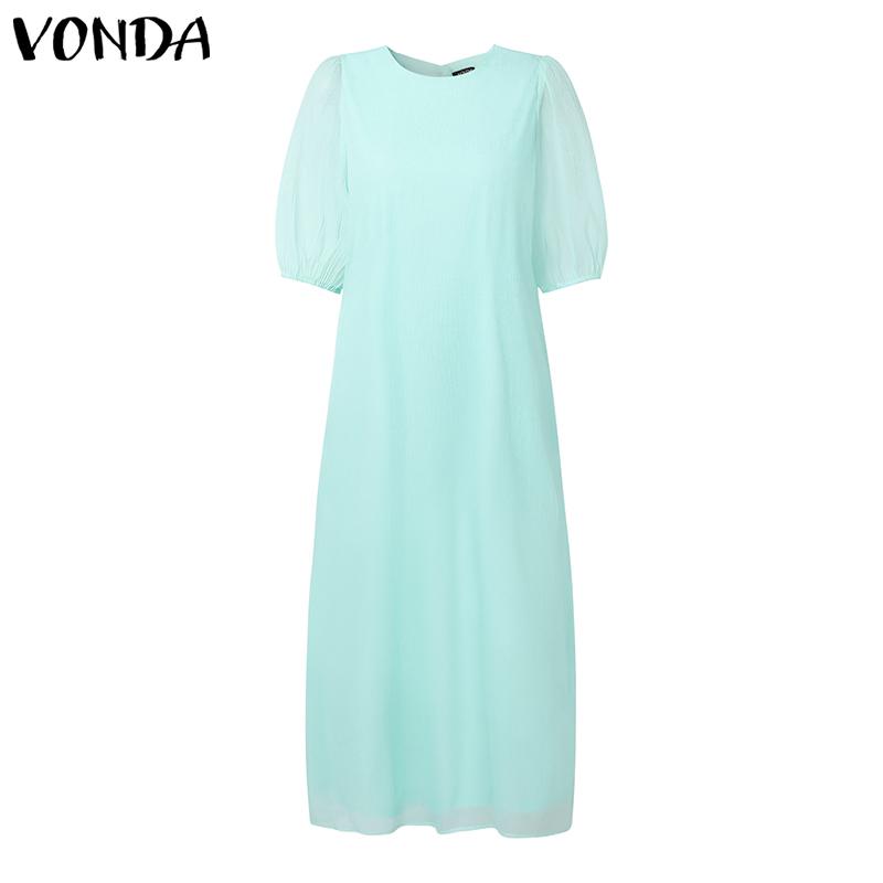 

VONDA Women Round Collar Half Sleeve Solid Casual Maxi Elegant Dress 5XL синий
