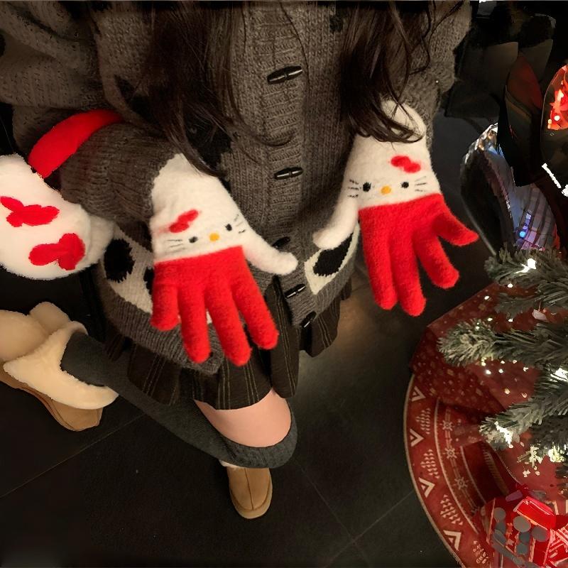 Cute Cartoon Hello Kitty Plush Gloves Student Cycling Winter Warm Five-Finger Gloves  Accessories Holiday Gifts